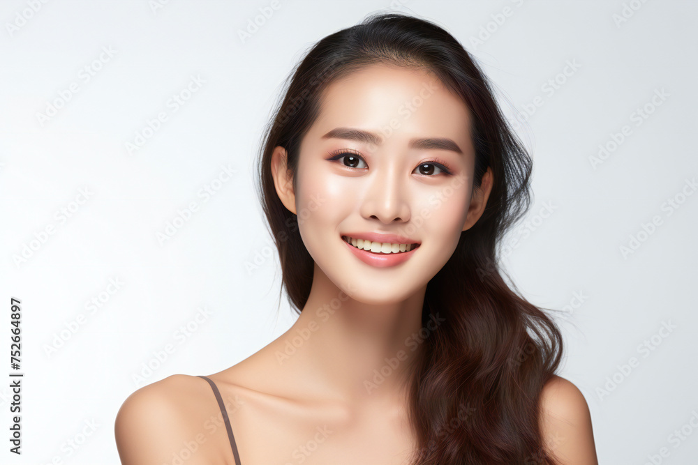 Smiling Young Woman with Radiant Skin and Long Hair: Natural Beauty and Elegant Portrait on White Background Smiling Young Woman with Radiant Skin and Long Hair: Natural Beauty and Elegant Portrait on White Background