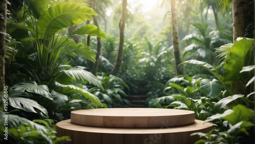 Podium pedestal in tropical forest garden green plant. Nature and Organic cosmetic and food presentation theme