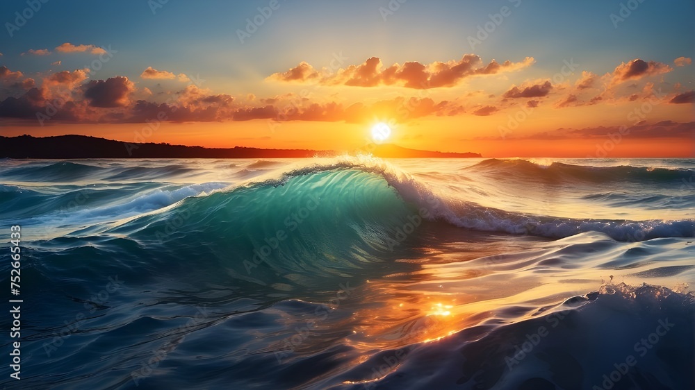 sunset over the sea waves - obrazy, fototapety, plakaty 
