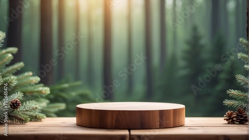 wooden table podium in forest blurry background