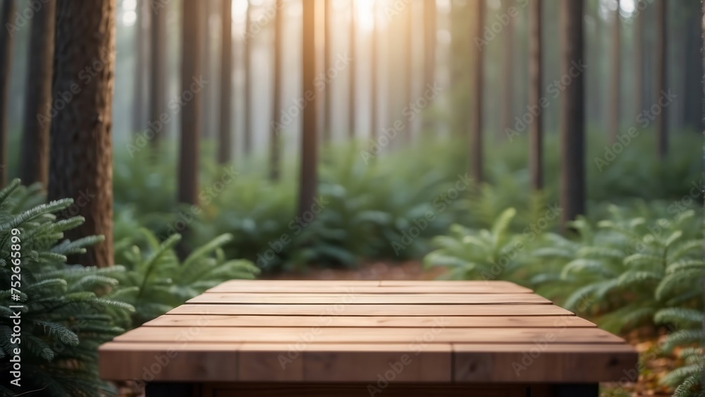 wooden table podium in forest blurry background - obrazy, fototapety, plakaty 