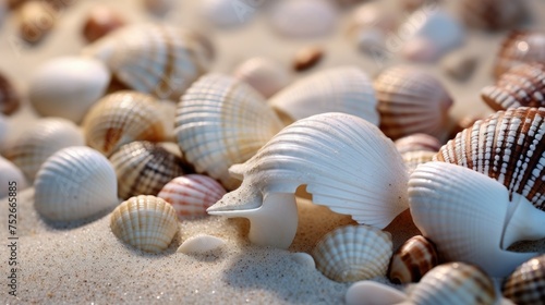 Seashells on white sand with sea in the background.