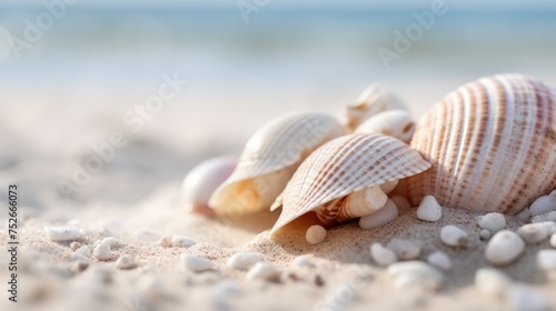 Seashells on white sand with sea in the background.