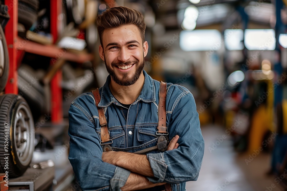 Handsome auto service mechanic in uniform is standing on the background of car with open hood, smiling and looking at camera. Car repair and maintenance Handsome auto service mechanic in uniform is standing on the background of car with open hood, smiling and looking at camera. Car repair and maintenance