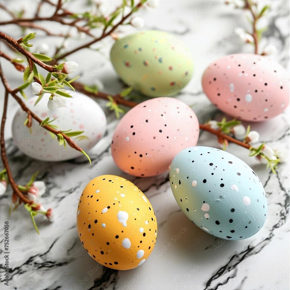 Beautiful Easter eggs and tree branches on light background, closeup