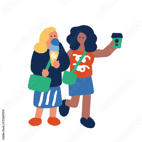 食べ歩きをする女性のシンプルなイラスト
