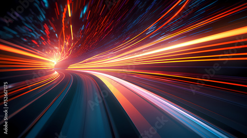 Car lights leave traces in tunnel, concept of speed and movement