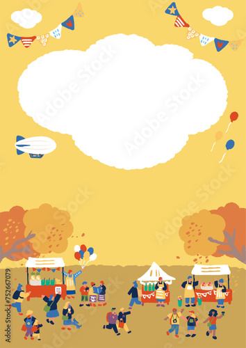 秋のマーケットを楽しむ人々のフラットでシンプルなイラスト
