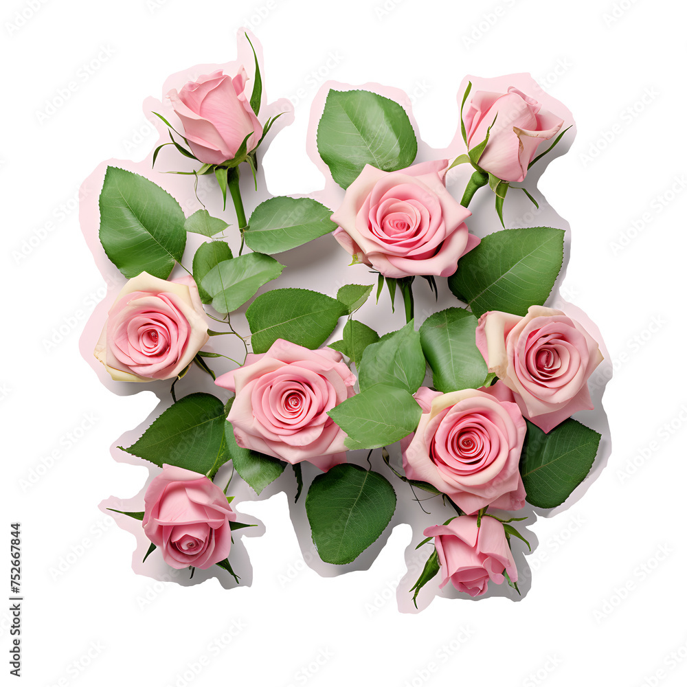 pink roses are laid out on the surface. composition of beautiful flowers. Beautiful pink roses and greenery lies on a white background