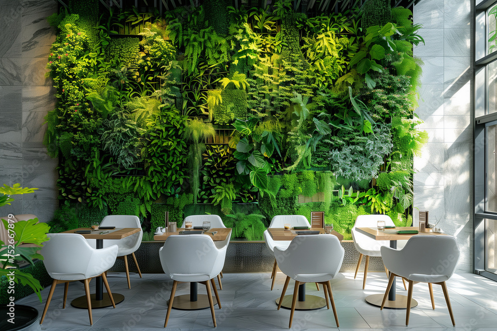 Modern white cafe with living wall 