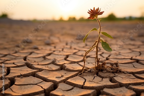 Withered flowers and a field of wheat on dry cracked earth are a metaphor for drought, water crisis and climate change in the world. An environmental disaster
