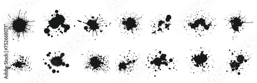 Ink drops and splashes. Blotter spots, liquid paint drip drop splash and ink splatter. Artistic dirty grunge abstract spot vector set. Illustration monochrome drip splash, splat messy inkblot