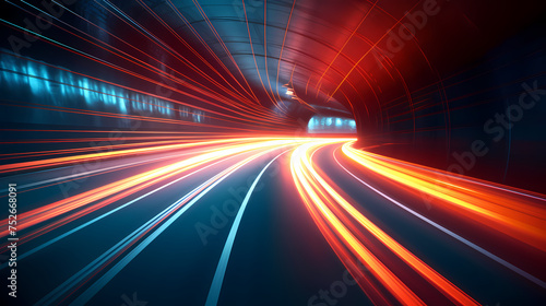 Car lights leave traces in tunnel, concept of speed and movement © xuan