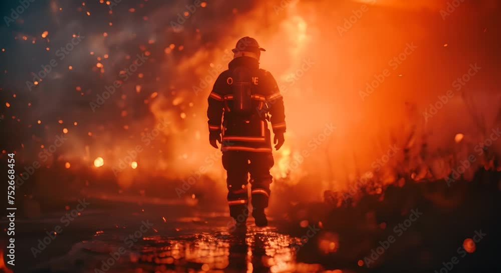 Heroic firefighter battling a fierce blaze at night Heroic firefighter battling a fierce blaze at night