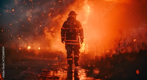 Heroic firefighter battling a fierce blaze at night photo