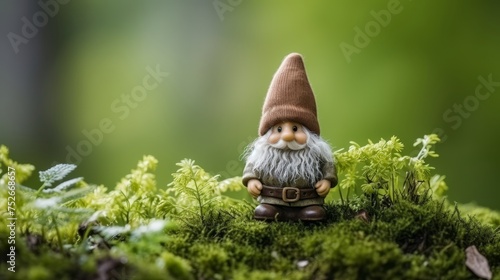 Garden gnome in spring forest with greenery, blurred natural background, copy space © Ilja