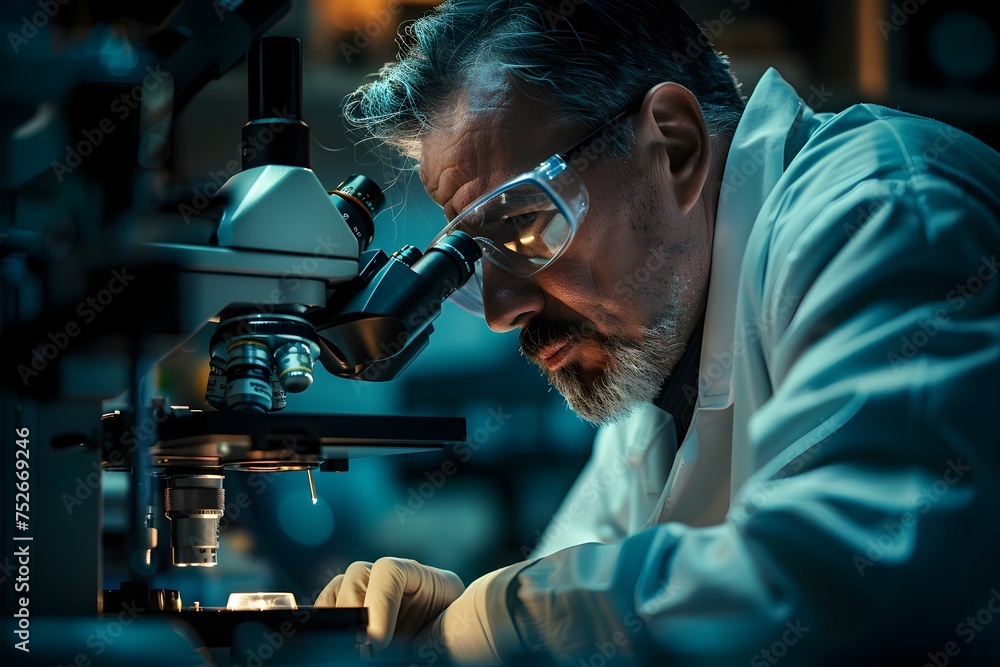 Scientist Examining Sample with Microscope in Intense Lighting, To convey a sense of scientific exploration, research, and discovery in a laboratory Scientist Examining Sample with Microscope in Intense Lighting, To convey a sense of scientific exploration, research, and discovery in a laboratory