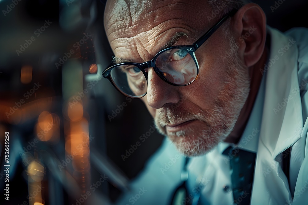 Older Man Studying Specimen Through Microscope, To convey the dedication and expertise of a senior doctor or scientist conducting important research Older Man Studying Specimen Through Microscope, To convey the dedication and expertise of a senior doctor or scientist conducting important research