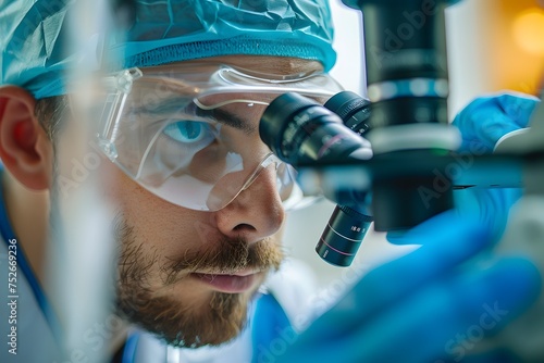 Medical Scientist Examining Specimen Under Microscope, To convey the focus and attention to detail required in medical research photo