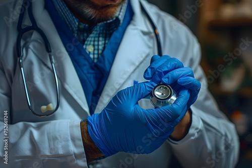 Doctor Checking Watch with Gloves in Clockpunk Style, To convey the precision and technology involved in medical checks and examinations photo