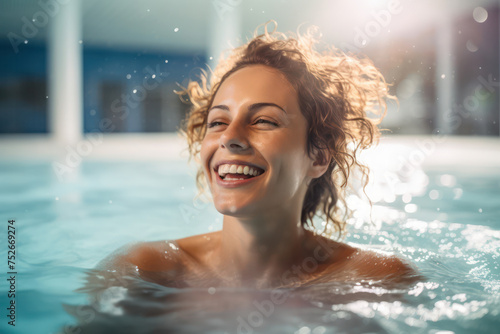 Refreshing Oasis  A Smiling Young Woman Enjoying a Relaxing Swim in a Blue Mosaic Pool
