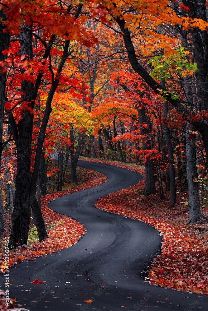 A winding black road embraced by autumn trees in fiery hues of red, orange, and yellow, whispering tales of change