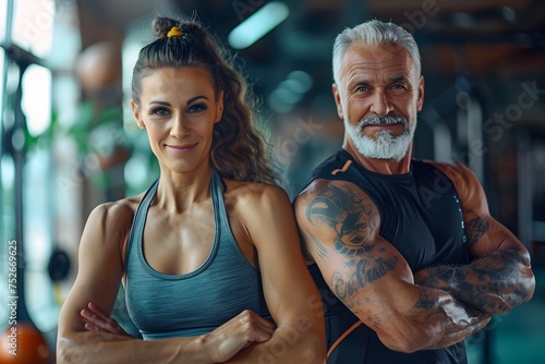 Tattoo-inspired Senior Couple Working Out Together, To convey the message of staying active and fit at any age, with a touch of unique style and photo
