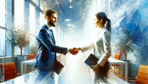 business man and woman shaking hands wearing office clothing suits, painterly illustrative style