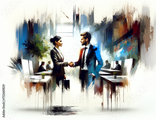 business man and woman shaking hands wearing office clothing suits