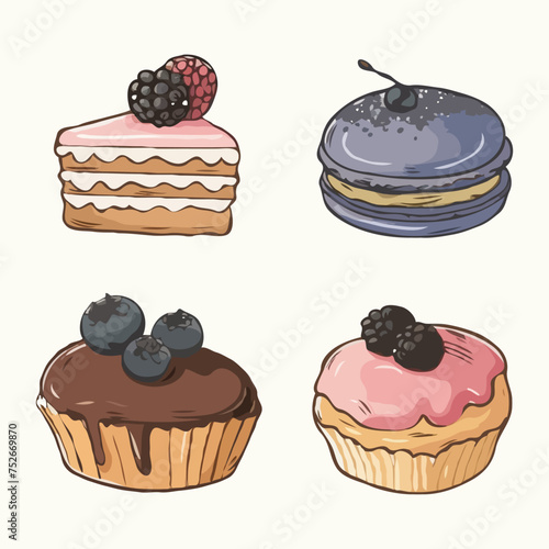 Set of hand drawn cupcakes, pasteries and buscuit on white background. Vector illustration. photo