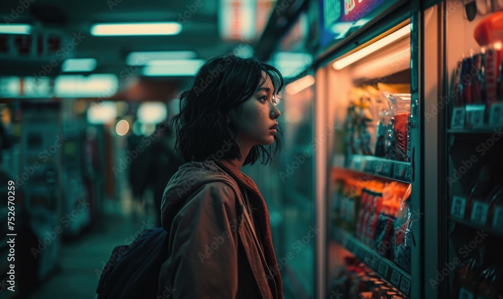 A woman looking at a vending machine in a dark store. Generative AI. A woman looking at a vending machine in a dark store. Generative AI.
