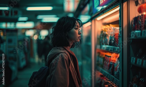 A woman looking at a vending machine in a dark store. Generative AI.