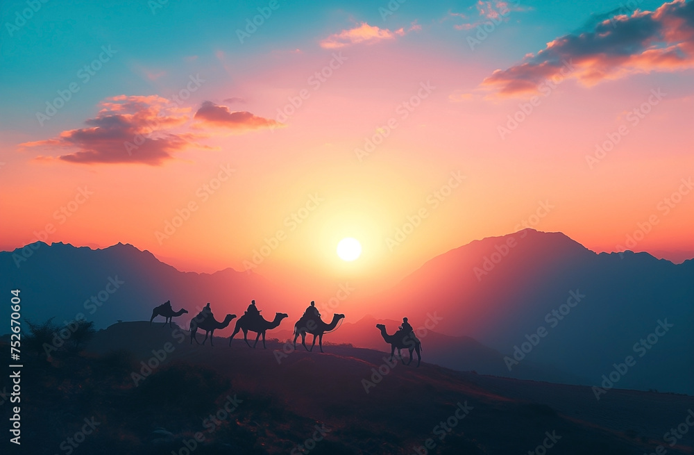 Silhouette of Arab with camel at sunrise
