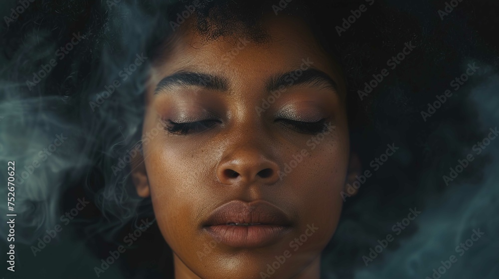 The close-up image features a person with their eyes closed. The individual appears to have smooth, dark skin and full lips, and well-defined brows that frame closed eyelids adorned with subtle eye sh The close-up image features a person with their eyes closed. The individual appears to have smooth, dark skin and full lips, and well-defined brows that frame closed eyelids adorned with subtle eye sh