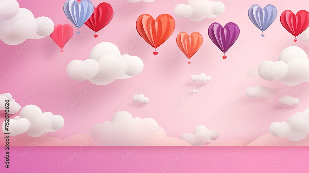 Happy valentines day greeting background in paper cut style with colorful hot air balloon heart shape