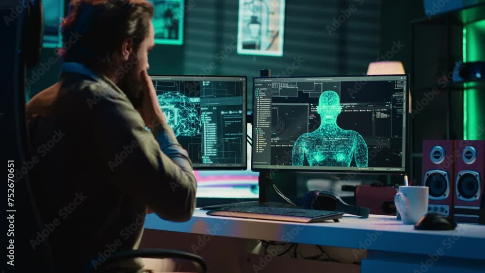 Man feeling speechless after seeing AI gaining anthropomorphic form and consciousness, waving hand to salute him. Computer engineer surprised by sentient artificial intelligence greeting him, camera A Man feeling speechless after seeing AI gaining anthropomorphic form and consciousness, waving hand to salute him. Computer engineer surprised by sentient artificial intelligence greeting him, camera A