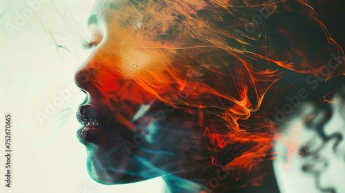 The image features a profile view of a person with their eyes closed and lips slightly parted. The subject's image is overlaid with vibrant orange and crimson hues that resemble flames or smoke, impar