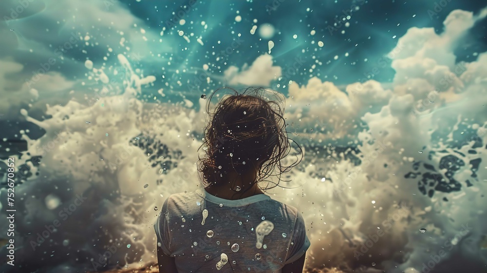 A person stands with their back to the camera, looking out at a dramatic scene where water is exploding upward, with droplets suspended in air and a dynamic, cloudy sky in the background. Visibility i