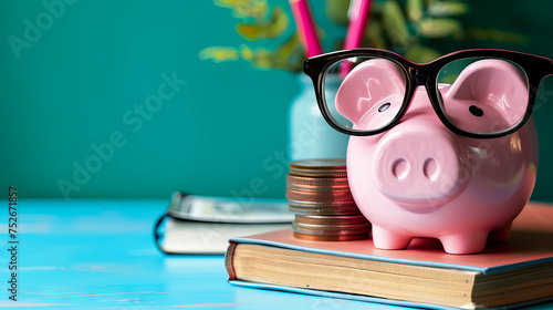 piggy bank, books, glasses and money, classes on financial literacy concept - AI Generated