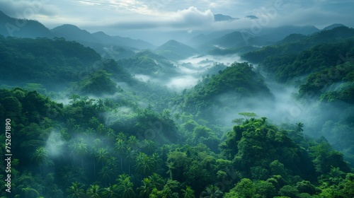 Lush green tropical rainforest landscape with misty mountains at dawn. Foggy morning at rainforest. © Pro Hi-Res
