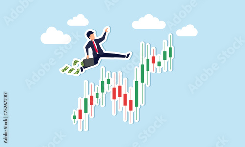 Successful traders profit from capitalize on stock market growth, and gain wealth through crypto trading concept, confidence businessman investor with money briefcase running on candlestick graph.