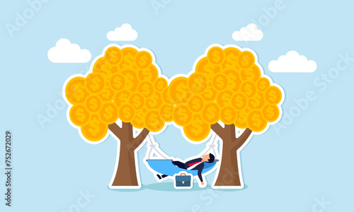 Earning passive income effortlessly through profits or dividends from investments, achieving financial freedom concept, happy rich businessman sleeping in hammock tied on money tree with dollar coins