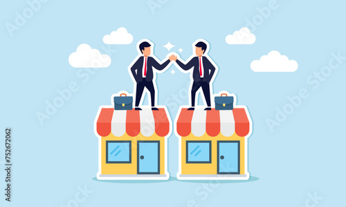 B2B sales involve business to business agreements, enterprise commerce, and trade between companies and suppliers concept, businessman owner handshake on enterprise shop for B2B agreement.