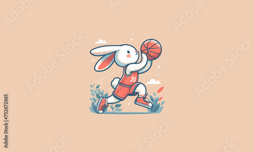 rabbit playing basket ball vector illustration flat design