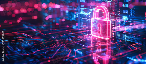 cyber security and privacy data network protection concept. Digital padlock on abstract technology background