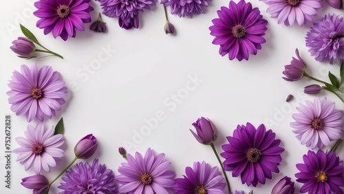 purple flowers and space for text on white background