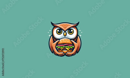 owl cute eat burger vector illustration mascot design