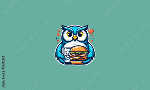 owl cute eat burger vector illustration mascot design