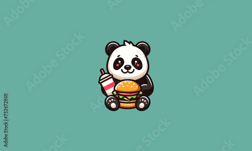 panda cute eat burger vector illustration mascot design