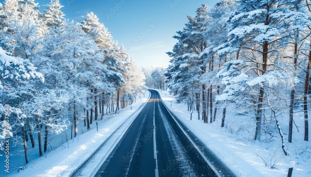 Aerial view of a stunning curved road in a winter wonderland white forest during snow season Aerial view of a stunning curved road in a winter wonderland white forest during snow season